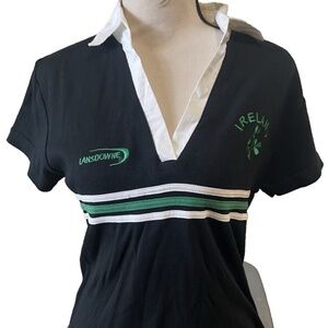 Lansdowne Ireland Women's Top Size 10 Collar V-Neck Black White Green Embroidery